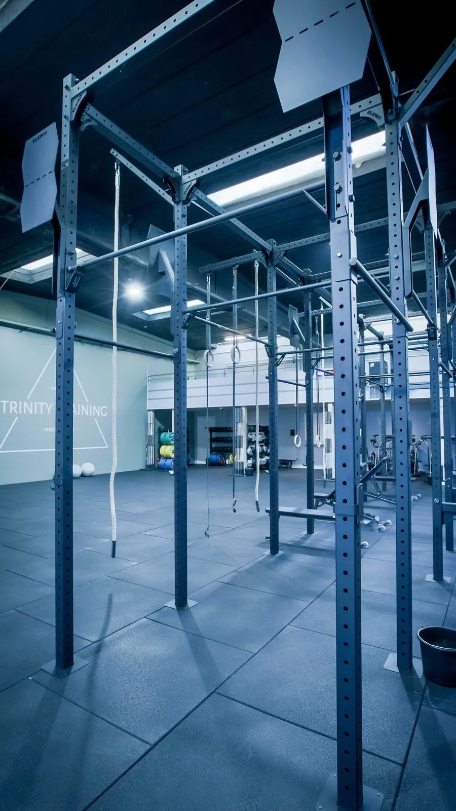 Riggen i træningssalen hos Trinity Training med klatrereb og gymnastikringe